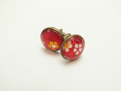 Glass cabochon cuff links- Bright, Bold Red Washi Paper (with white, yellow, pink cherry blossoms) Japanese- 18mm
