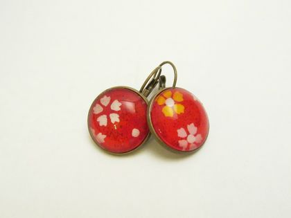 Bright, Bold Red Washi Paper (with white, yellow, pink cherry blossoms) Glass Cabochon Earrings- 18mm