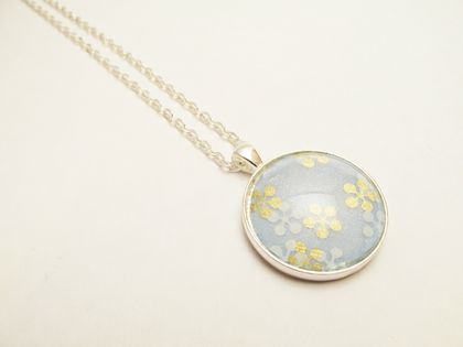 Washi Paper, Glass Cabochon Necklace. Light Blue with Silver & Gold Japanese Cherry Blossoms- 30mm