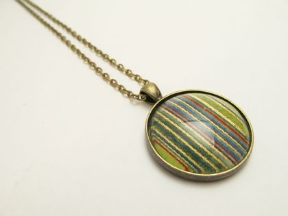 Japanese Glass Cabochon, Washi Paper Necklace-Green & Gold Stripe- 30mm 