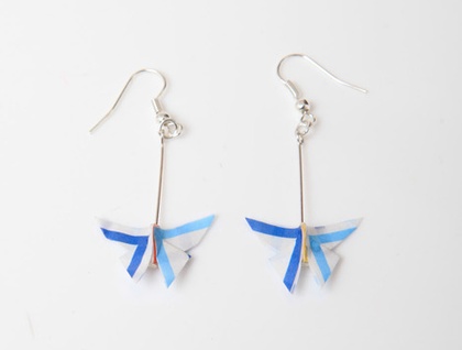 Handmade Origami Paper Butterfly Earrings -Striped Blue & White